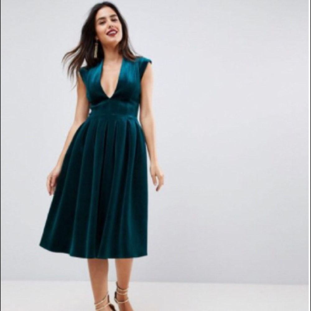 ASOS Deep Plunge Bonded Velvet Prom Midi Dress
